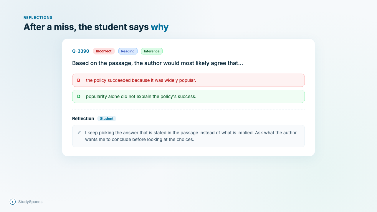 A student's reflection saved under a missed question