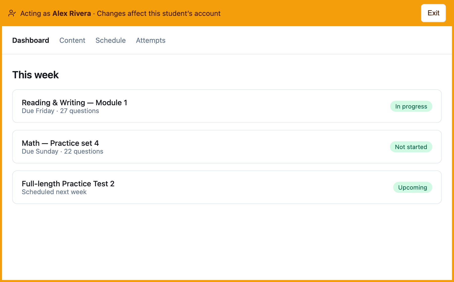 Act as Student — viewing the platform exactly as your student sees it