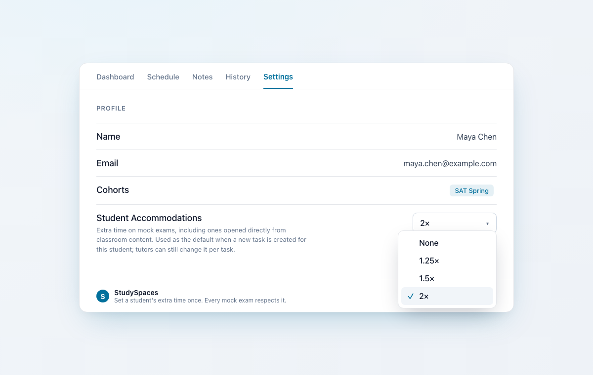 Per-student extended-time accommodations on the student's Settings tab