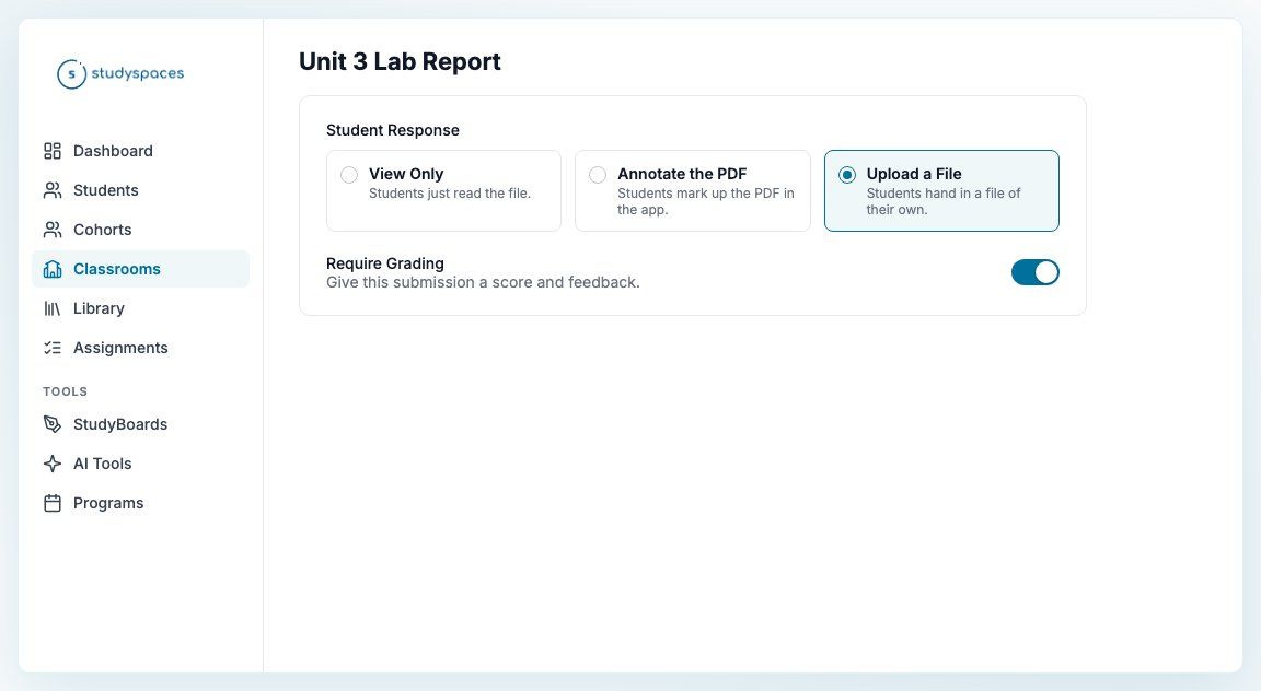 Student Response setting with Upload a File selected and Require Grading on
