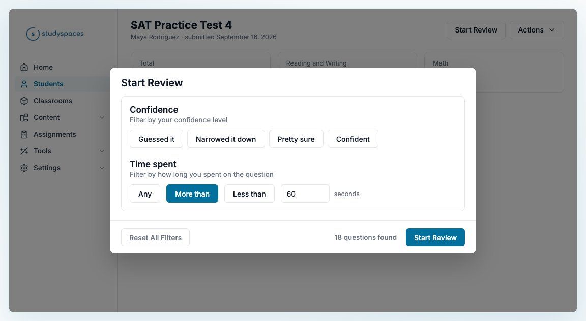 The Start Review modal filtering on time spent