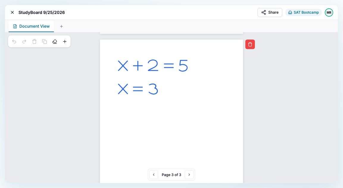 A blank page added to the end of a StudyBoard document, with its trash button